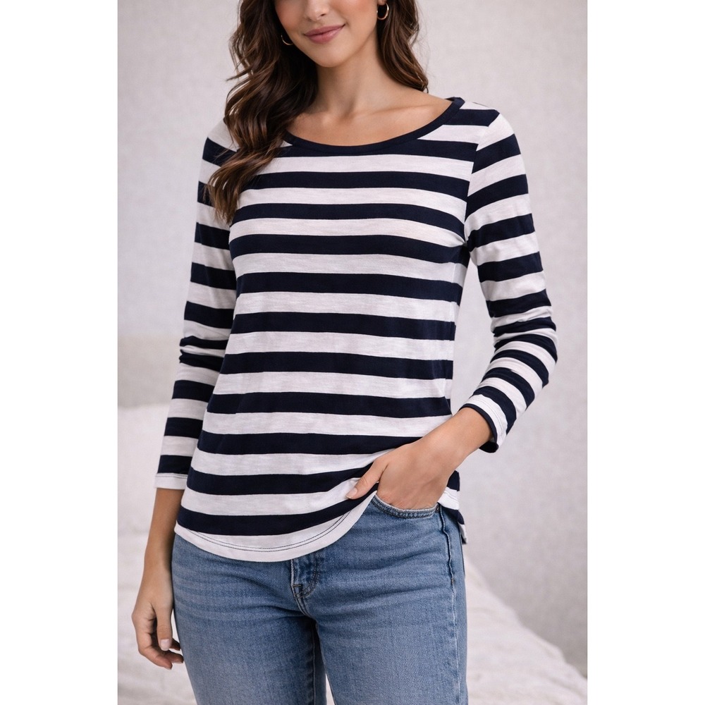 Loft Womens XS Navy Blue White Striped Scoop Neck‎ Long Sleeve Shirttail Hem Top
